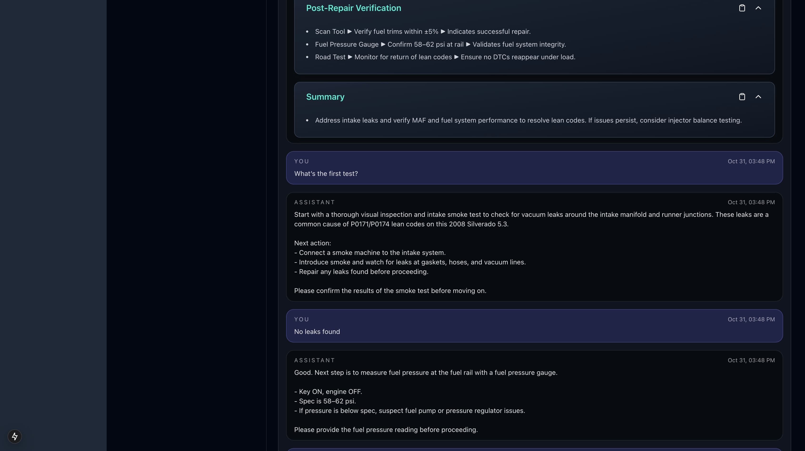 Follow-up workspace summarising a diagnosis session