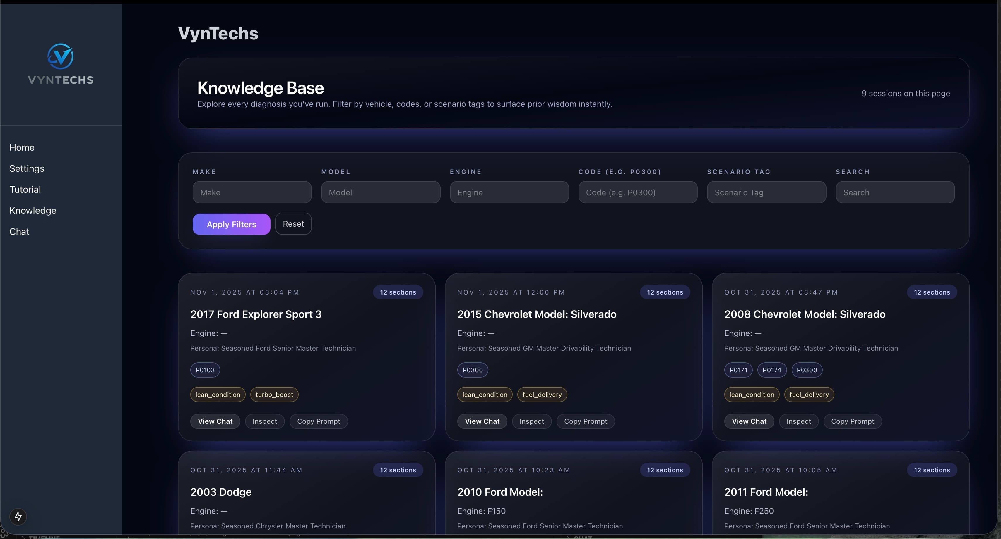 Knowledge workspace showcasing tagged diagnostic history
